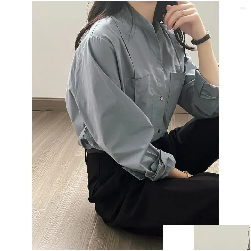 Women`s Blouses Standing Collar Shirt Woman Cotton