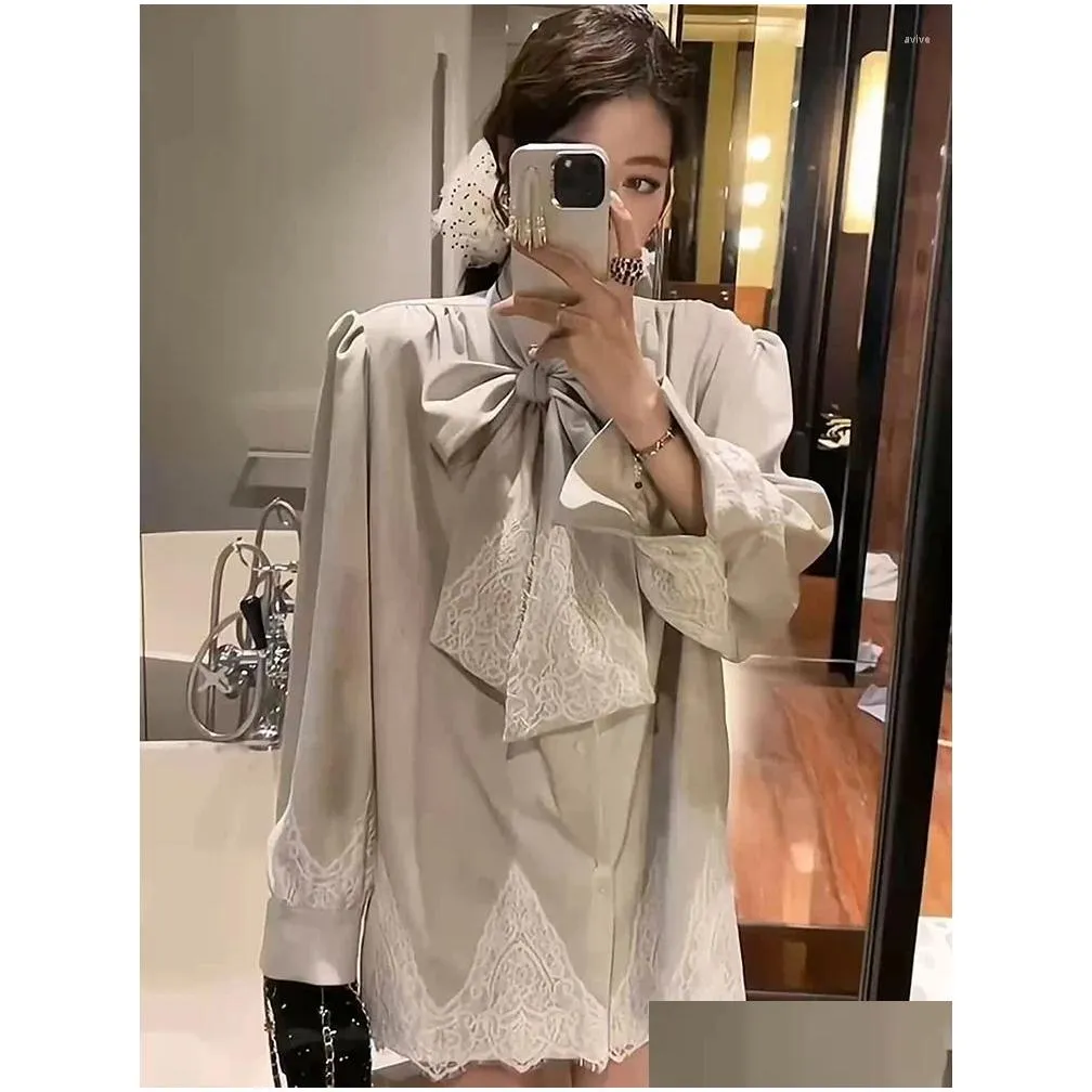 Women`s Blouses Fashion Lace Stitching Bow Shirt 2024 Spring And Summer French Style Long Sleeve Loose Temperament Blouse Top