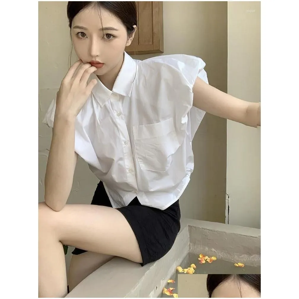 Women`s Blouses Designer Oversize White Crop Shirt Women Sleeveless Korean Fashion Polo Collar Cool Blouse Preppy Loose Casual 2023