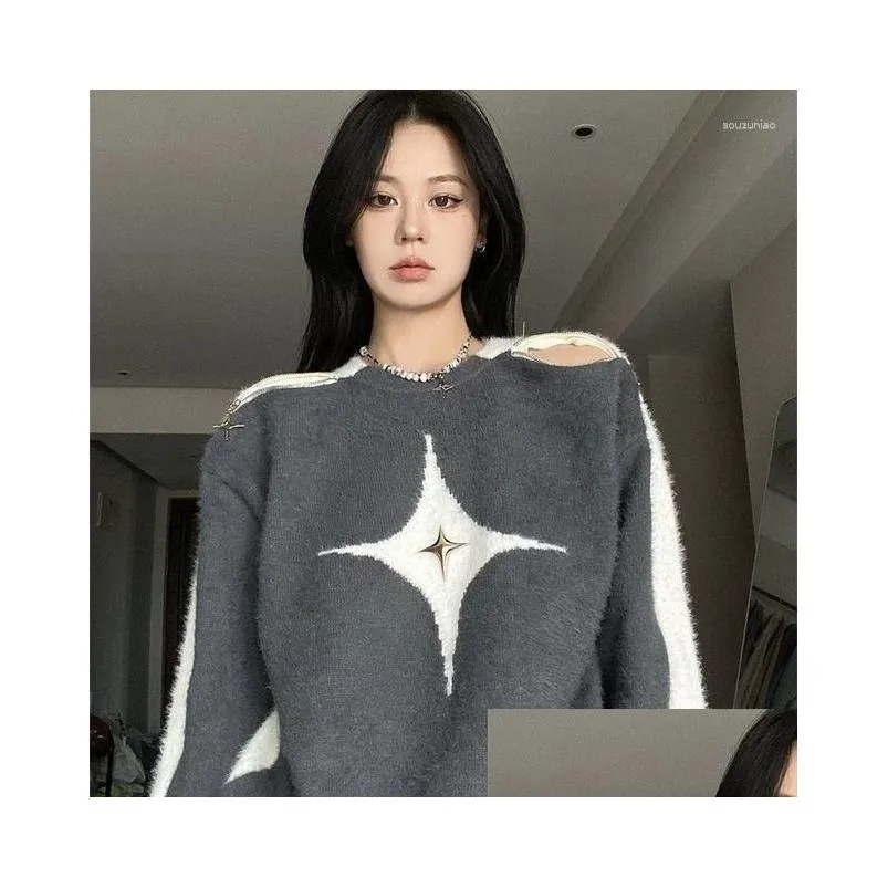 Women`s Sweaters Women`s 2024 Retro Contrast Color Star Sweater Sexy Slash Neck Off Shoulder Long Sleeve Tops Autumn Harajuku Fashion