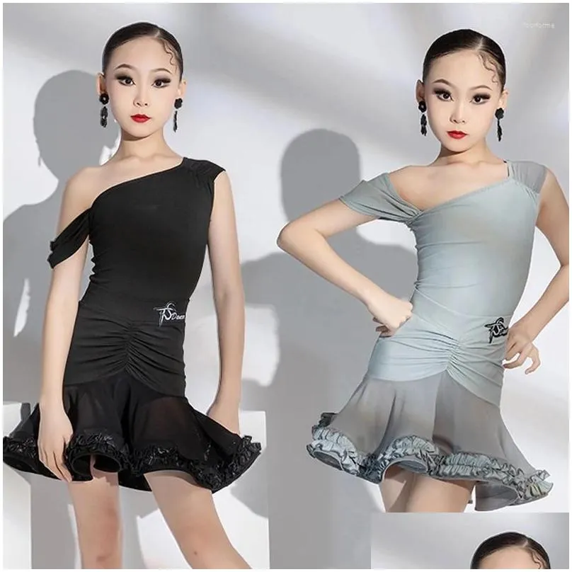 Stage Wear 2024 Latin Dance Performance Costumes For Girls Oblique Shoulder Tops Splits Skirts Suit Chacha Rumba Dress DN17637