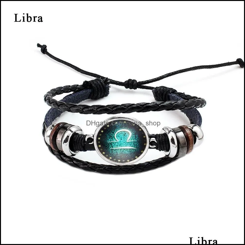 Charm Bracelets 12 Constellation Bracelet For Uni Vintage Sier Color Black Braided Adjustable Mtilayer Leather Christmas Gift Fashion Dh1P7