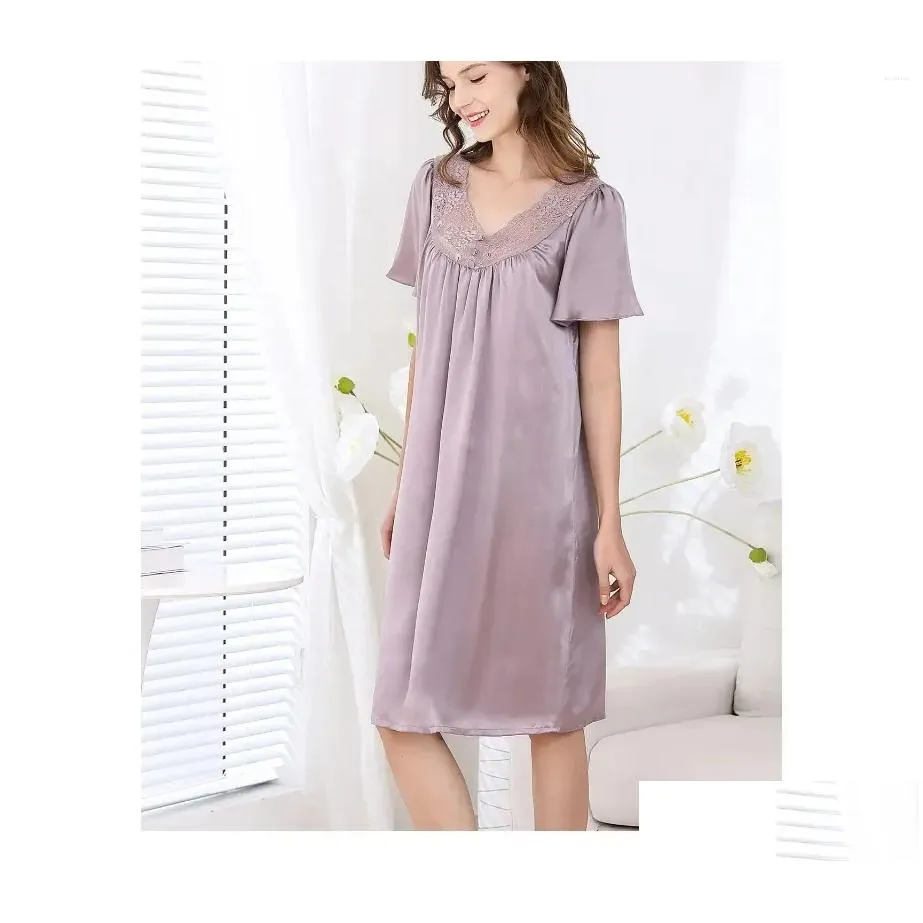 Women`s Sleepwear BirdTree 19MM Real Silk Pajamas Dress Women Short Sleeve Solid Lace Sexy Retro Loose 2024 Summer P439108QC