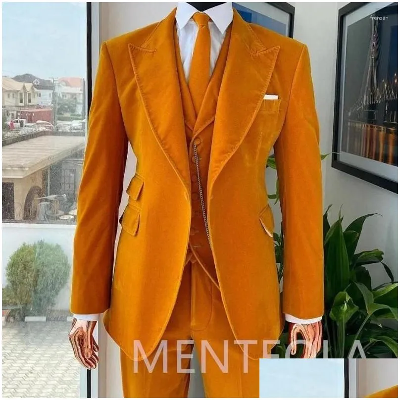 Men`s Suits Velvet Wedding Peaked Lapel Formal Prom 3 Pcs Groom Tuxedo Custom Slim Fit 2024 American Style Costume