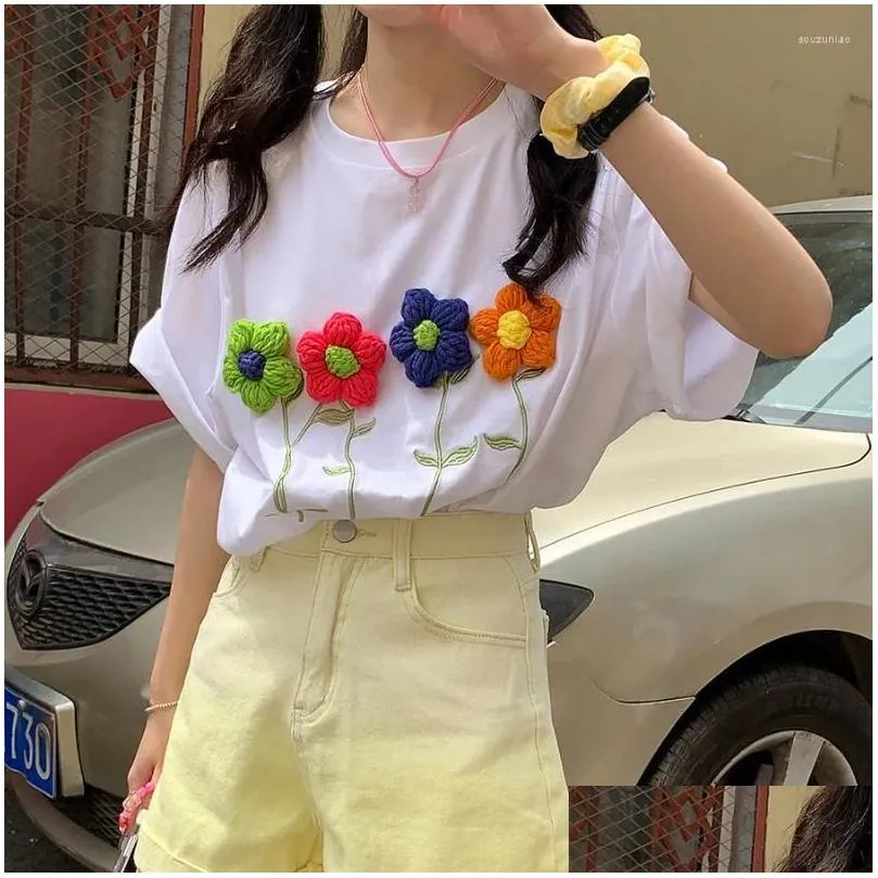 Women`s T Shirts Women`s EBAIHUI Tshirt For Women Summer 3D Flower Embroidery Ladies T-shirt Loose White Short Sleeve Round Neck Ins