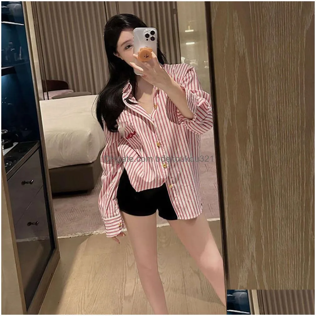 Women`S Blouses & Shirts Women Shirt Designer Spring Fashion Embroidery Graphic Pink Striped Long Sleeve Lapel Womens Coat Top Drop D Dhk9J