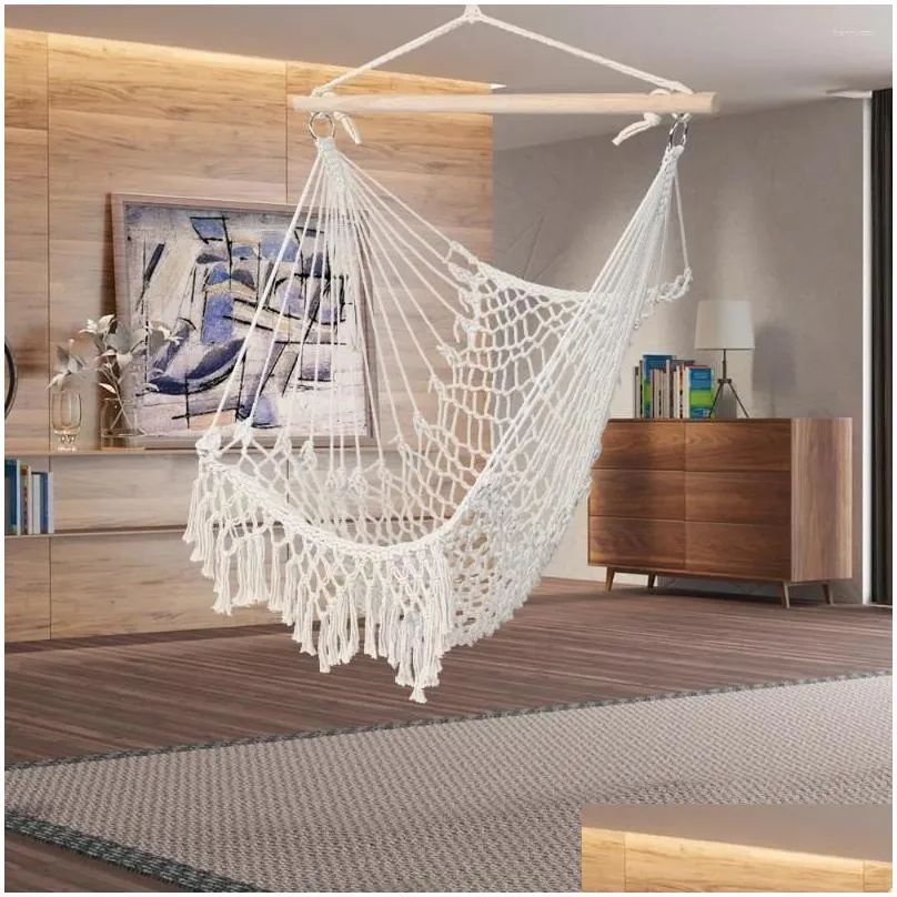 Camp Furniture Cotton Rope Weave With Tassel Patio Swing Beige Outdoor And Indoor Rocking Chair Adult Portable Comfort Camping Hammock