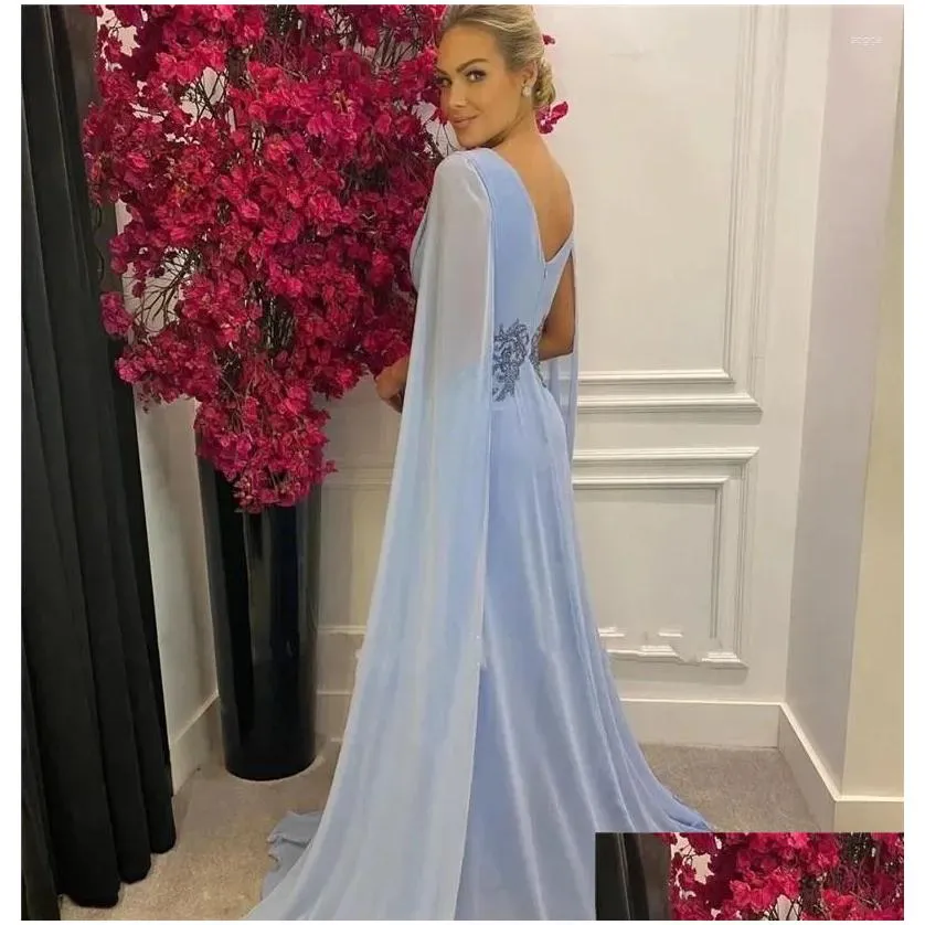 Party Dresses Bomaris Light Blue Chiffon Prom Long Cape Sleeves V Neck Lace Applique Vestidos De Festa Evening Gowns For Women