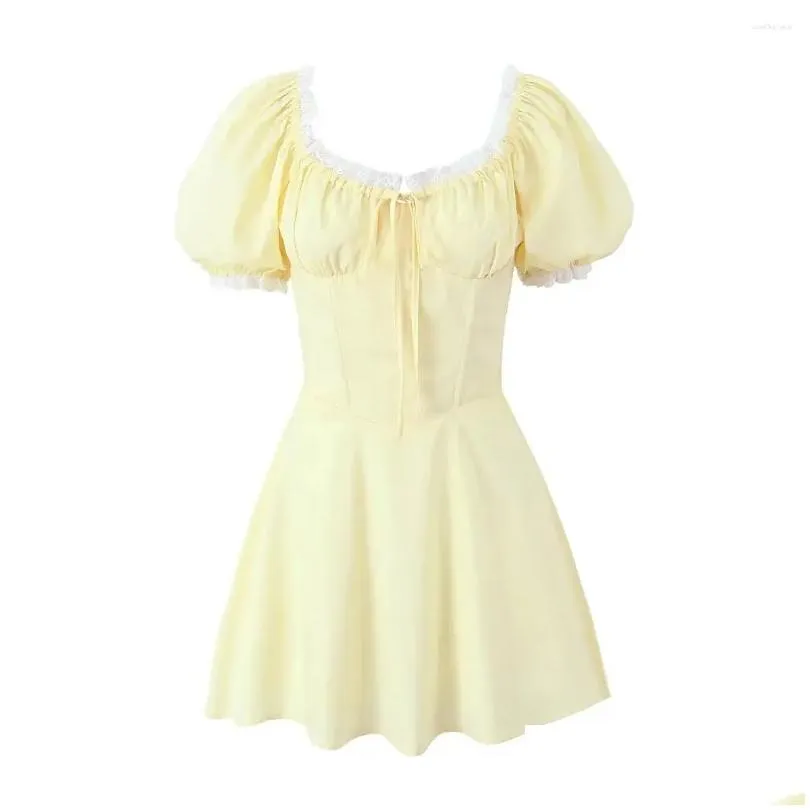 Party Dresses Sweet Women Lace Trim Yellow Dress Vintage Puff Sleeve Ladies A-line Mini Summer Lacing Up Robe