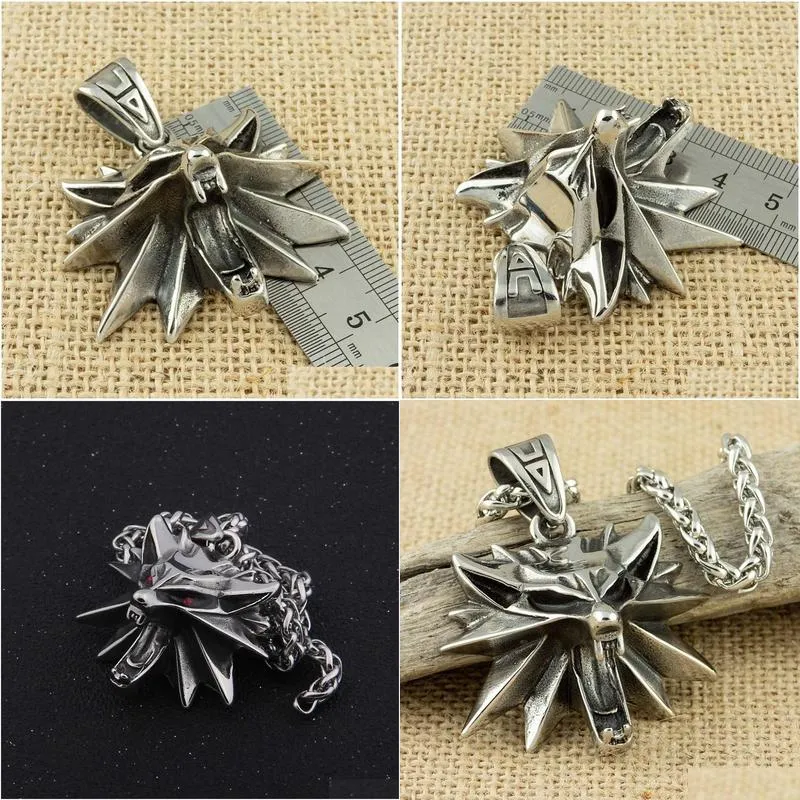 pendant necklaces 53x43mm stainless steel the wizard wolf head pendant necklace for geralt with a the wild hunt 3 figure game 230608