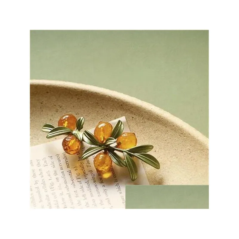 Pins, Brooches Brooch Vintage Enamel Green Color Plant Pearls Pin Tree Lotus Leaf Blueberry Cherry Flower Bamboo For Women Jewelry Gi Dhte8