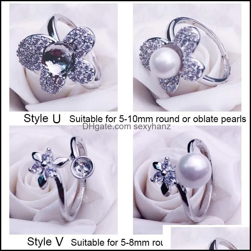 Jewelry Settings Pearl Rings Setting Zircon Solid 925 Sier Ring Mounting Blank Diy 9 Styles Wedding Gift 9Pcs/Lot Drop Deliv Dhgarden Dhexg