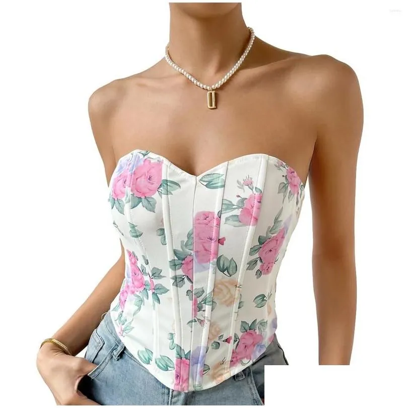 Women`s Tanks Boho Floral Tube Tops Sexy Backless Fishbone Corset Sleeveless Vest Strapless Off Shoulder Bustier Crop Clubwear