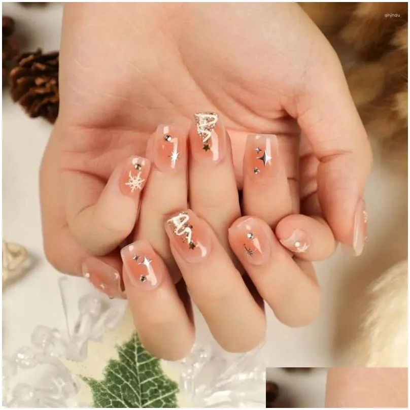 False Nails French Fashion Starlight Long Square Press On Full Cover Christmas Snowflake Nail Tips DIY