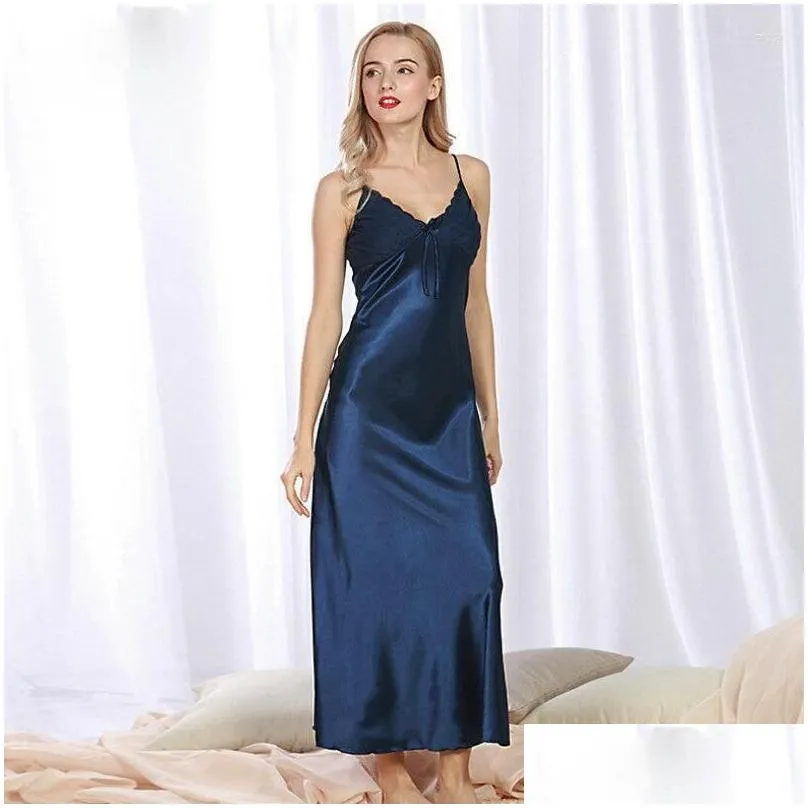 Women`s Sleepwear Ladies Sexy Faux Silk Satin Long Night Dress Sleeveless V-neck Bow Nightgown Strappy Nightdress Lace Nightwear