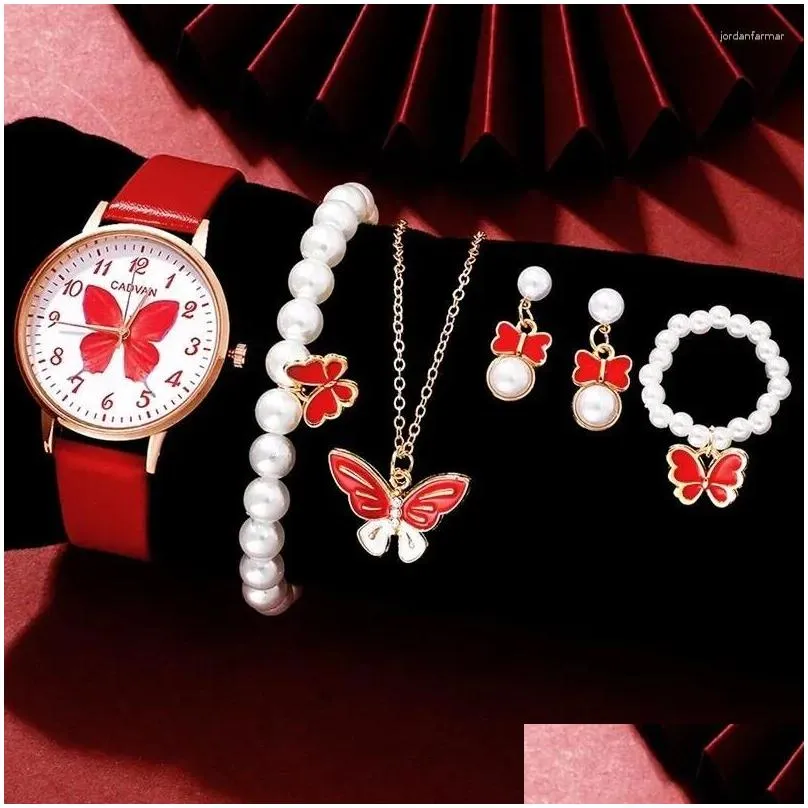 Wristwatches 6PCS Set Women Fashion Quartz Watch Female Clock Red Butterfly Dial Design Ladies Leather Wrist Montre Femme