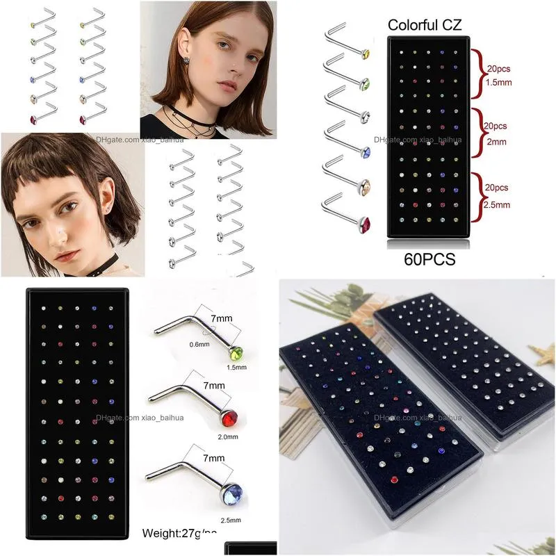 60pcs/lot crystal rhinestone nose rings fashion stainless steel nose studs hooks body piercing faux body jewelry