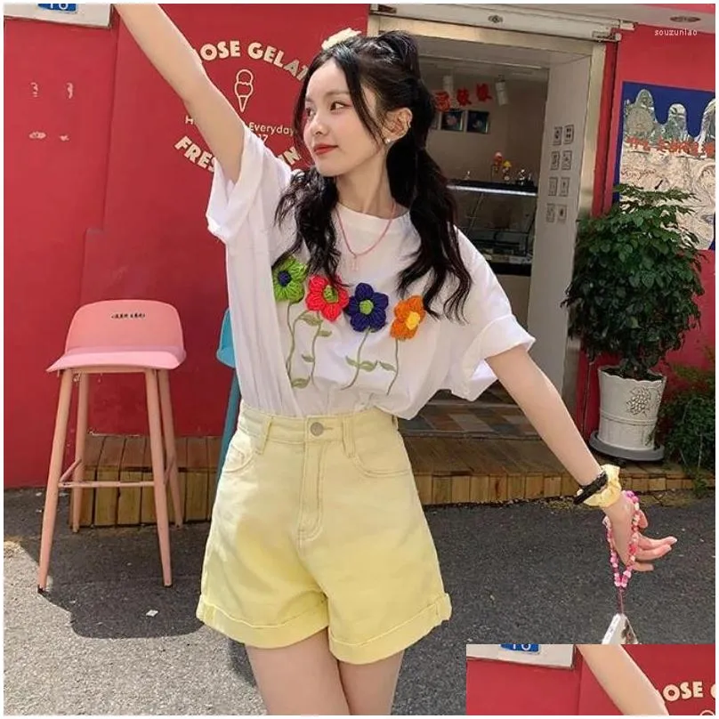 Women`s T Shirts Women`s EBAIHUI Tshirt For Women Summer 3D Flower Embroidery Ladies T-shirt Loose White Short Sleeve Round Neck Ins