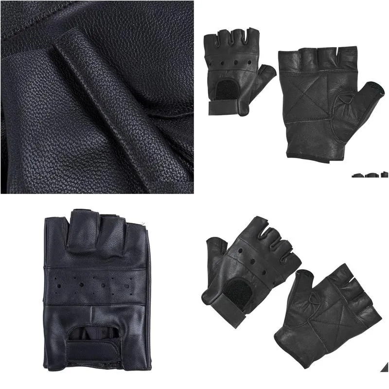 2019 NEW Fashion Men039s Leather Gloves Half Finger Fingerless Stage Sports Driving Solid Black Gloves3862185