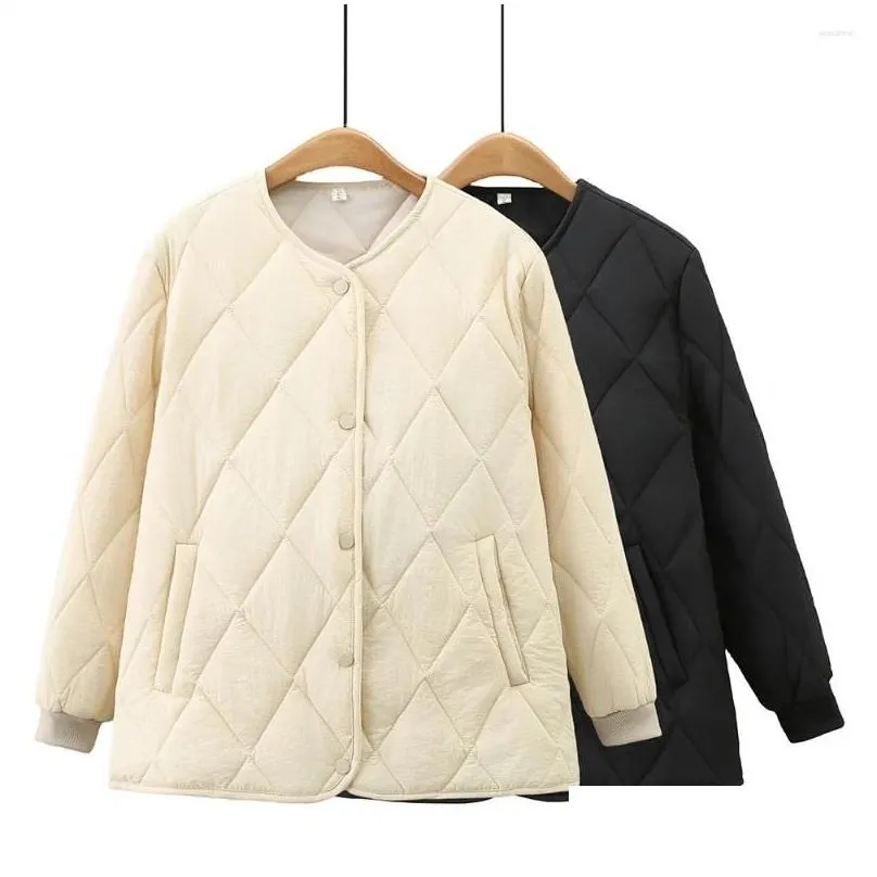 Women`s Trench Coats Autumn Cotton Padded Clothes Thicken Women Lapel Collar Rhombic Lattice Loose Casual Coat Commute Winter