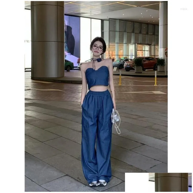 Women`s Two Piece Pants Retro Girls Suit Women`s Strapless Vest Summer High Waist Slim Wide Leg Floor Dragging Two-piece Set Female