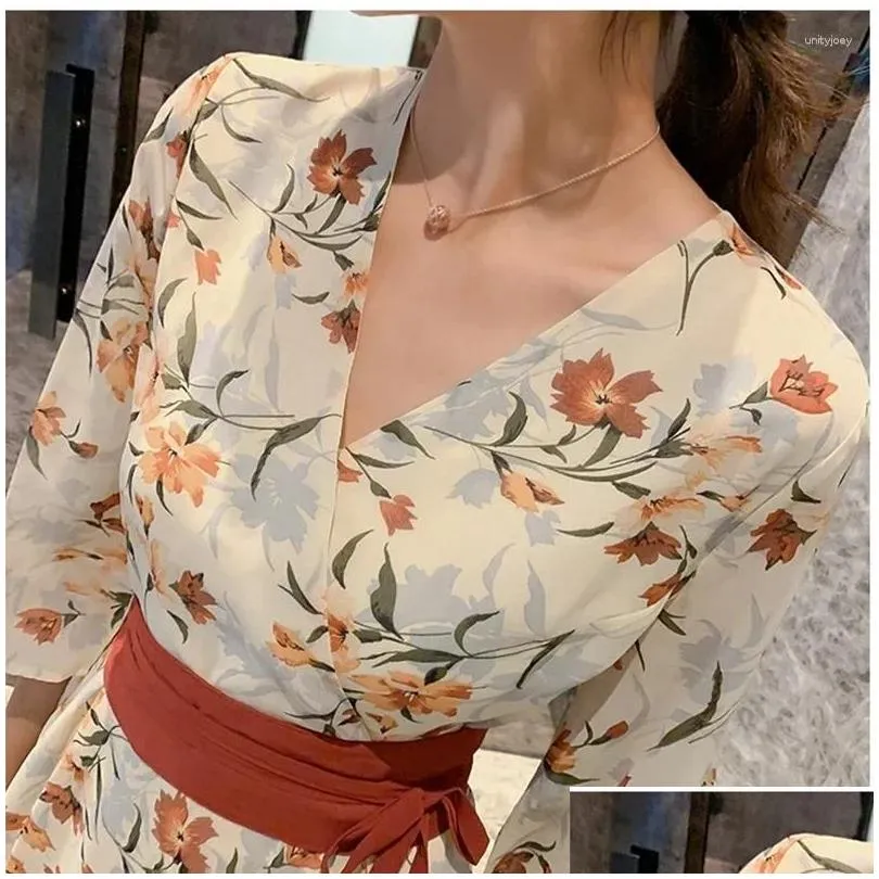 Party Dresses Summer Dress Women 2024 Japanese Kimono Casual V-neck Printed Long Elegant Vintage Slim Chiffon Empire Robe