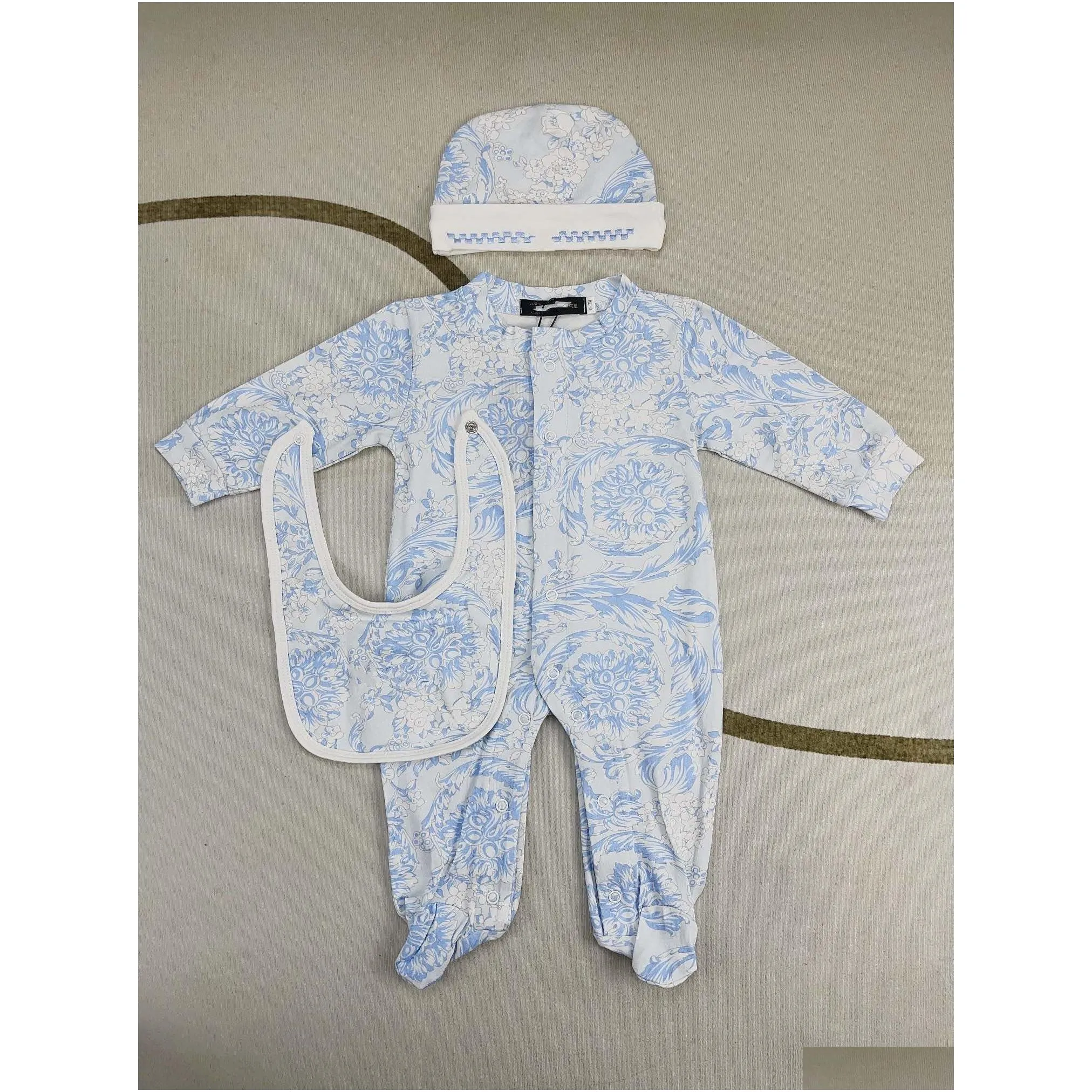 Fashion Infant kids romper designer Newborn baby girls star moon printed long sleeve jumpsuits with hat bibs 3pcs babies 1st climb clothes
