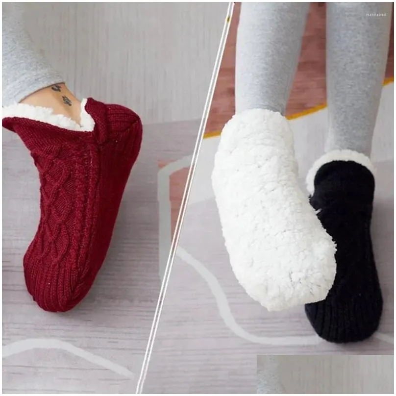 Women Socks Simple Soft Solid Color Non-slip Home Slippers Warm Female Hosiery Winter Floor Shoes Coral Fleece