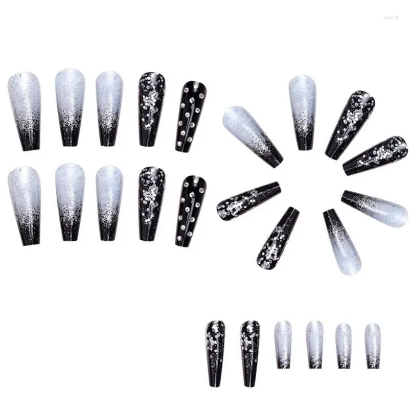 False Nails Black Gradient Applique Diamond Long Coffin Nail Tips Detachable Press On Glitter Art