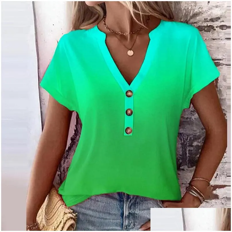 Women`s Blouses Spring Elegant V Neck Button Blouse Shirts Women Gradient Print Patchwork Office Top Summer Short Sleeve Streetwear