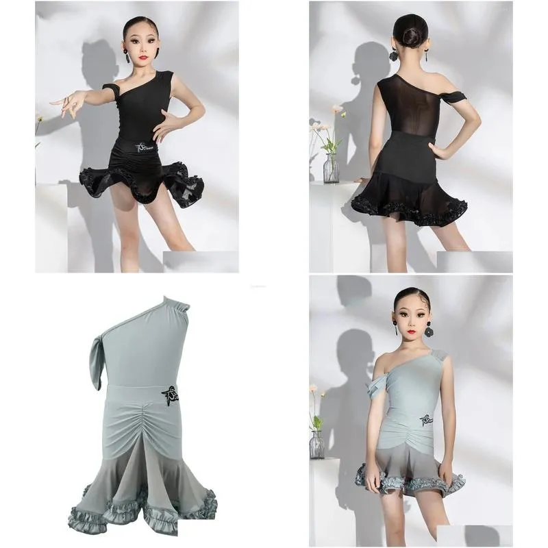 Stage Wear 2024 Latin Dance Performance Costumes For Girls Oblique Shoulder Tops Splits Skirts Suit Chacha Rumba Dress DN17637