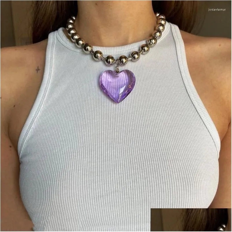 Pendant Necklaces Purple Glass Love Heart Aesthetic Beads Chains Choker Collar Hip Hop Punk Fashion For Women Club Y2k Jewelry
