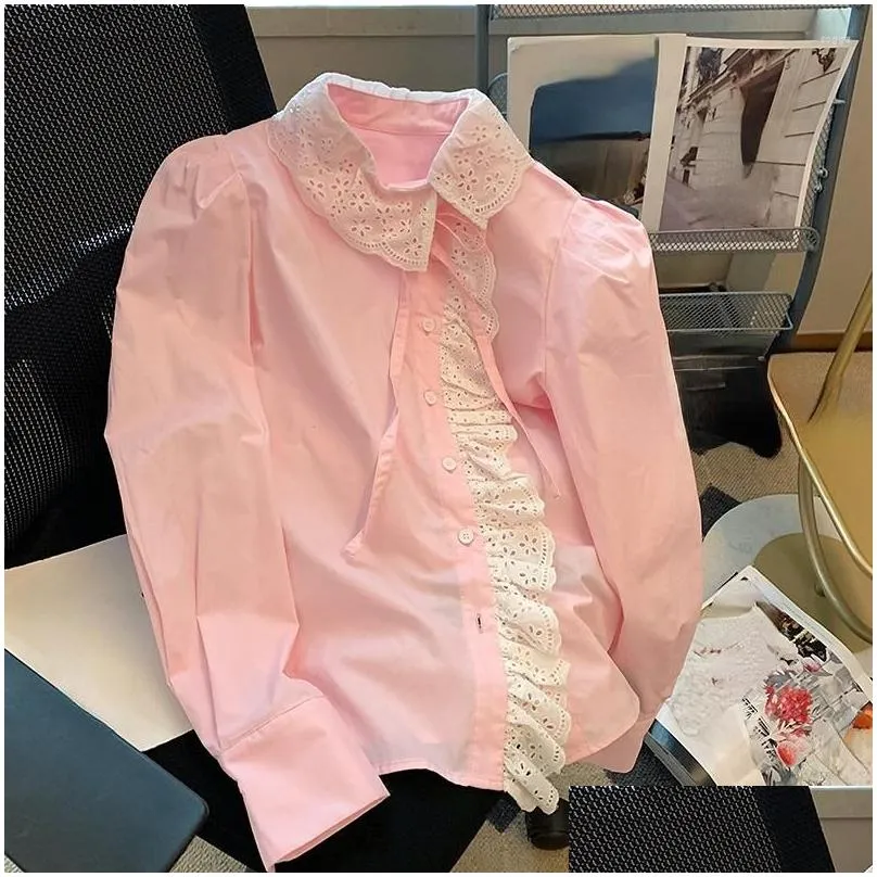 Women`s Blouses Lace Patchwork Rules Sweet Spring Autumn Shirts Korean Ashion Loose Long Sleeve Blusas Mujer