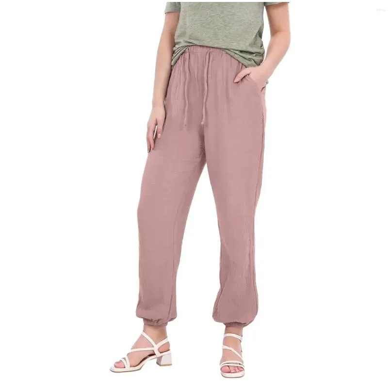 Women`s Pants 2024 Womens Spring Summer Cotton Linen Solid Elastic Waist Candy Colors Harem Trousers Casual Female Pantalone