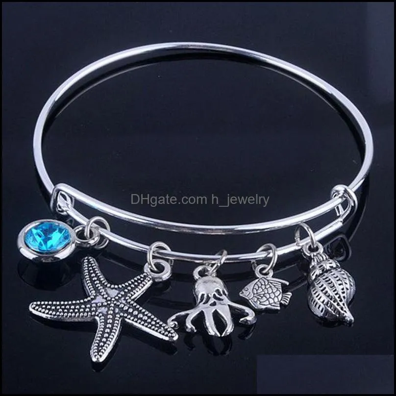 Charm Bracelets New Design Adjustable Expandable Wire Bangles Diameter 65Mm Sier Plated Sea Life And Blue Birthday Drop Delivery Jewe Dhoza