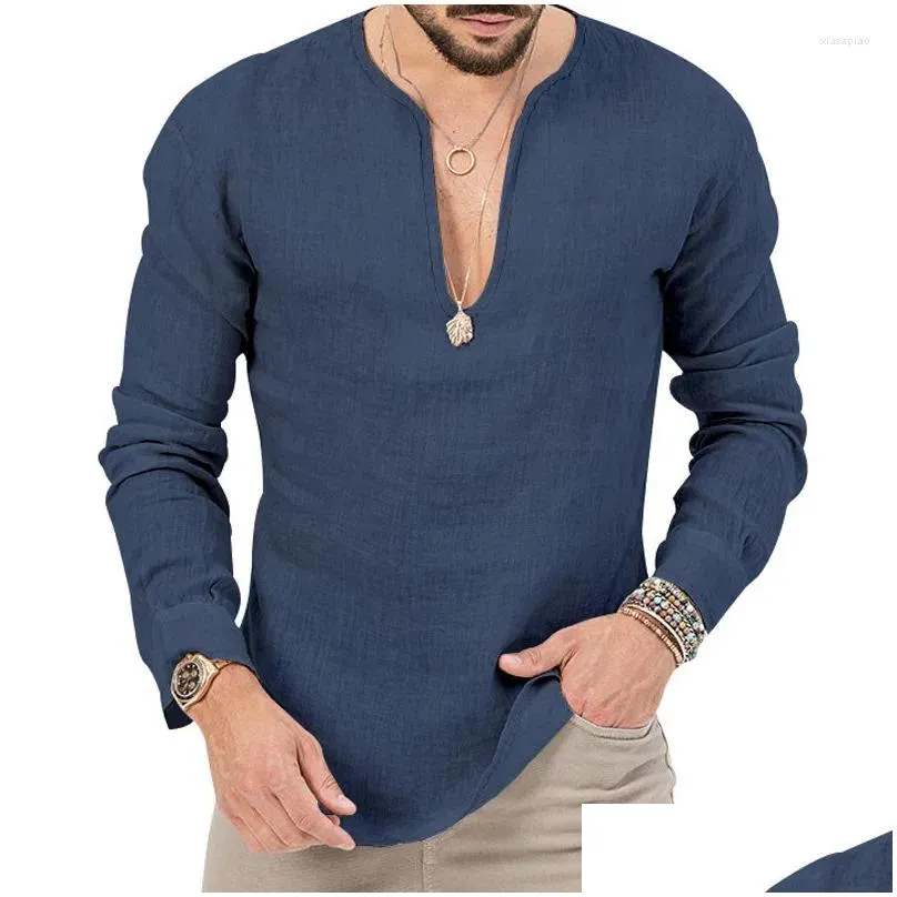 Men`S T-Shirts Mens T Shirts 2023 Winter Long Sleeve Shirt Leisure Tropical Cotton Linen Deep V-Neck Solid Color Large Size T-Shirt Dr Dhgbf