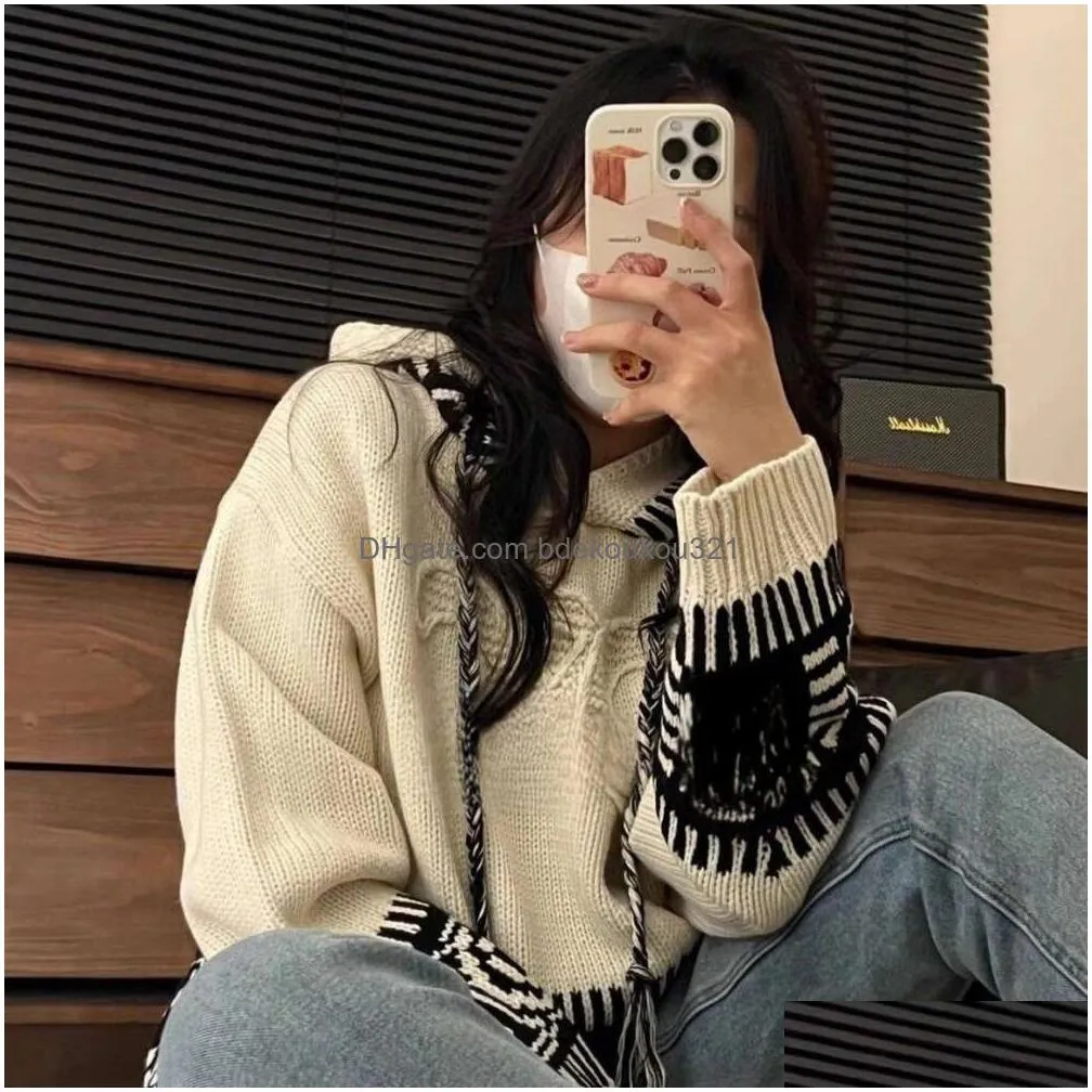 Women`S Sweaters Hoodie Women Designer Sweater Fashion Classic Embroidery Pattern Hooded Casual Loose Knit Plover Knitwear Drop Deliv Dhsrz