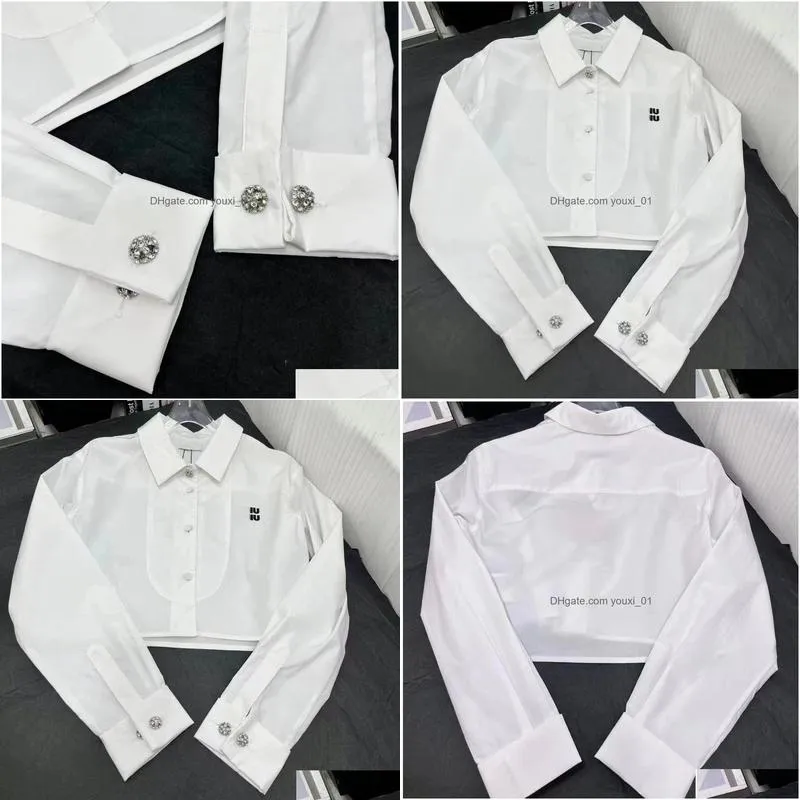 Women`S Blouses & Shirts Spring Womens Shirt Designer Blouse Luxury Cropped Long Sleeved Fashion Rhinestone Buttons On Cuffs White To Dhbm9