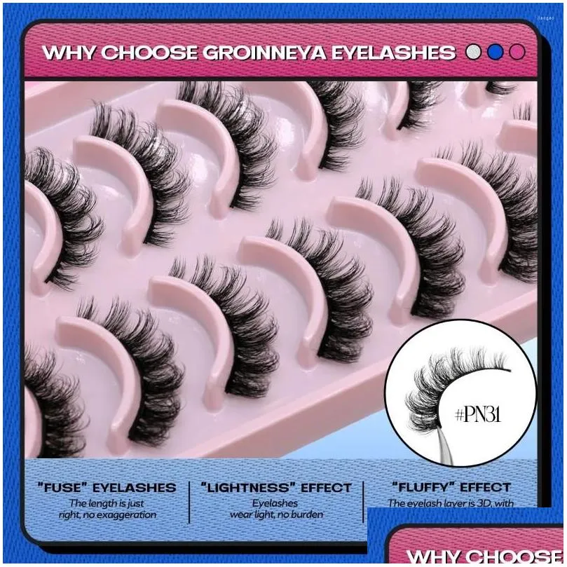 False Eyelashes GROINNEYA 10 Pairs Cat Eye Lashes 3D Natural Fluffy Wispy Cross Eyelash Extension Makeup