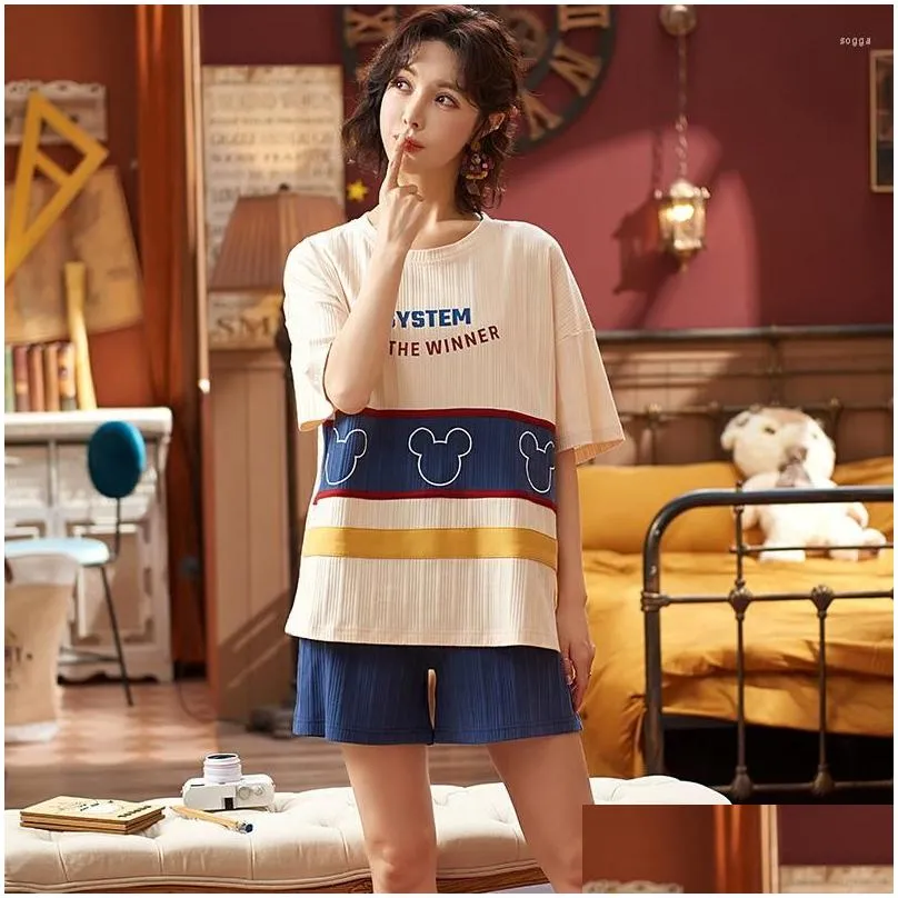 Women`s Sleepwear Summer Animal Printing Short-sleeved Shorts Round Neck Pajamas Thin Fashion Cute High Quality Nightgown Large Size