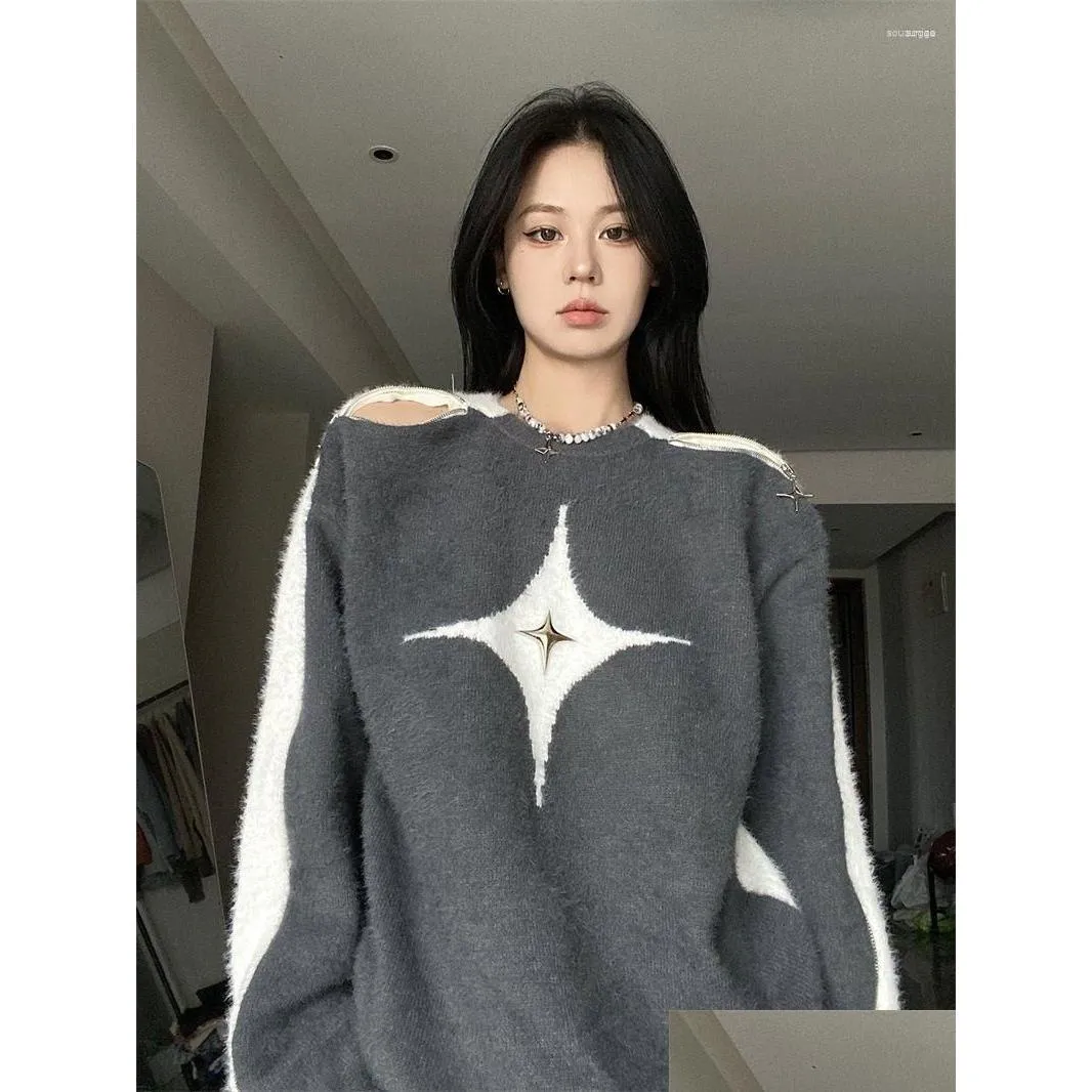Women`s Sweaters Women`s 2024 Retro Contrast Color Star Sweater Sexy Slash Neck Off Shoulder Long Sleeve Tops Autumn Harajuku Fashion