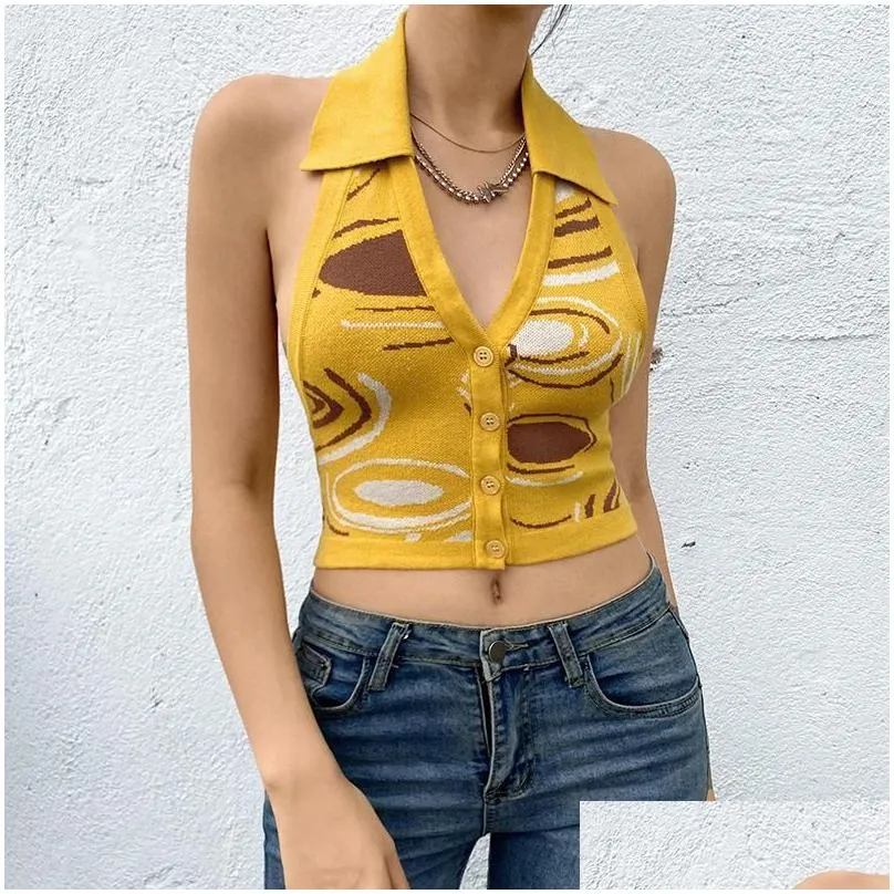 Women`s Tanks Women`s Open Back Sleeveless Knitted Cropped Top Ladies Sexy Y2k Vest Autumn Print V-neck Button Sweater Summer