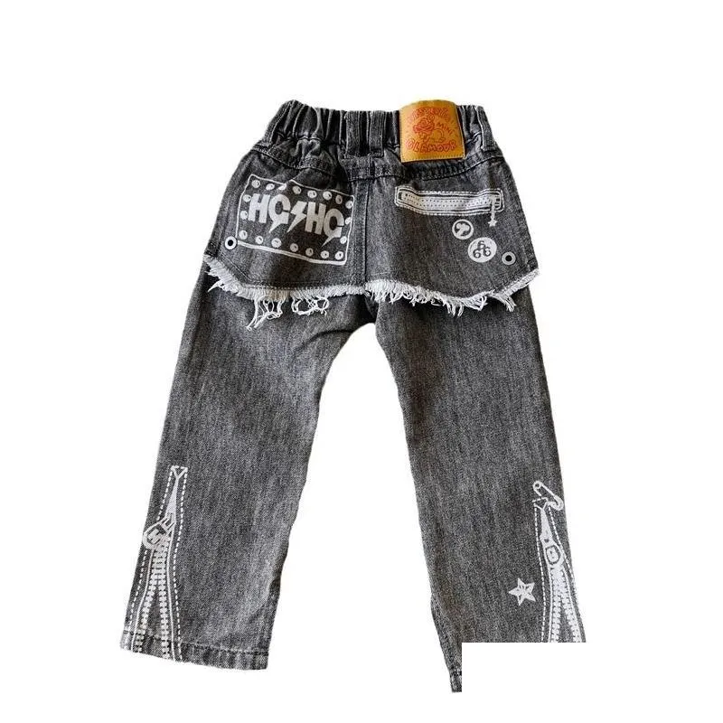 Fashion Children letter printed jeans boys girls split straight denim pants 2024 spring kids elastic waist  trousers Z7662