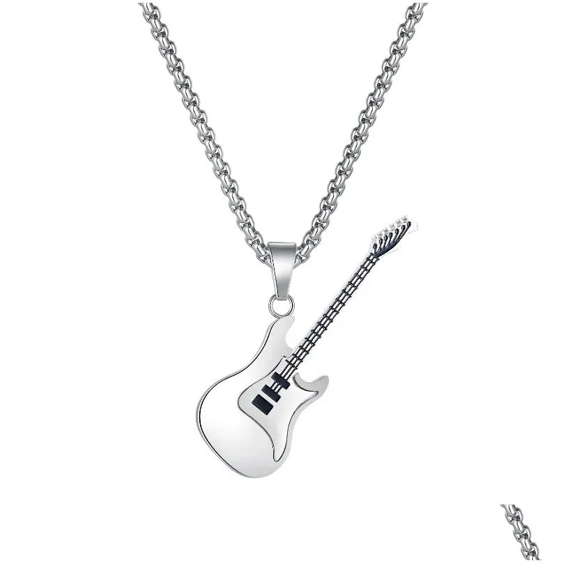 Pendant Necklaces Fashion Hip Hop Guitar Titanium Steel Necklace For Men Party Holiday Gifts Punk Goth Jewelry Stainless Accessories