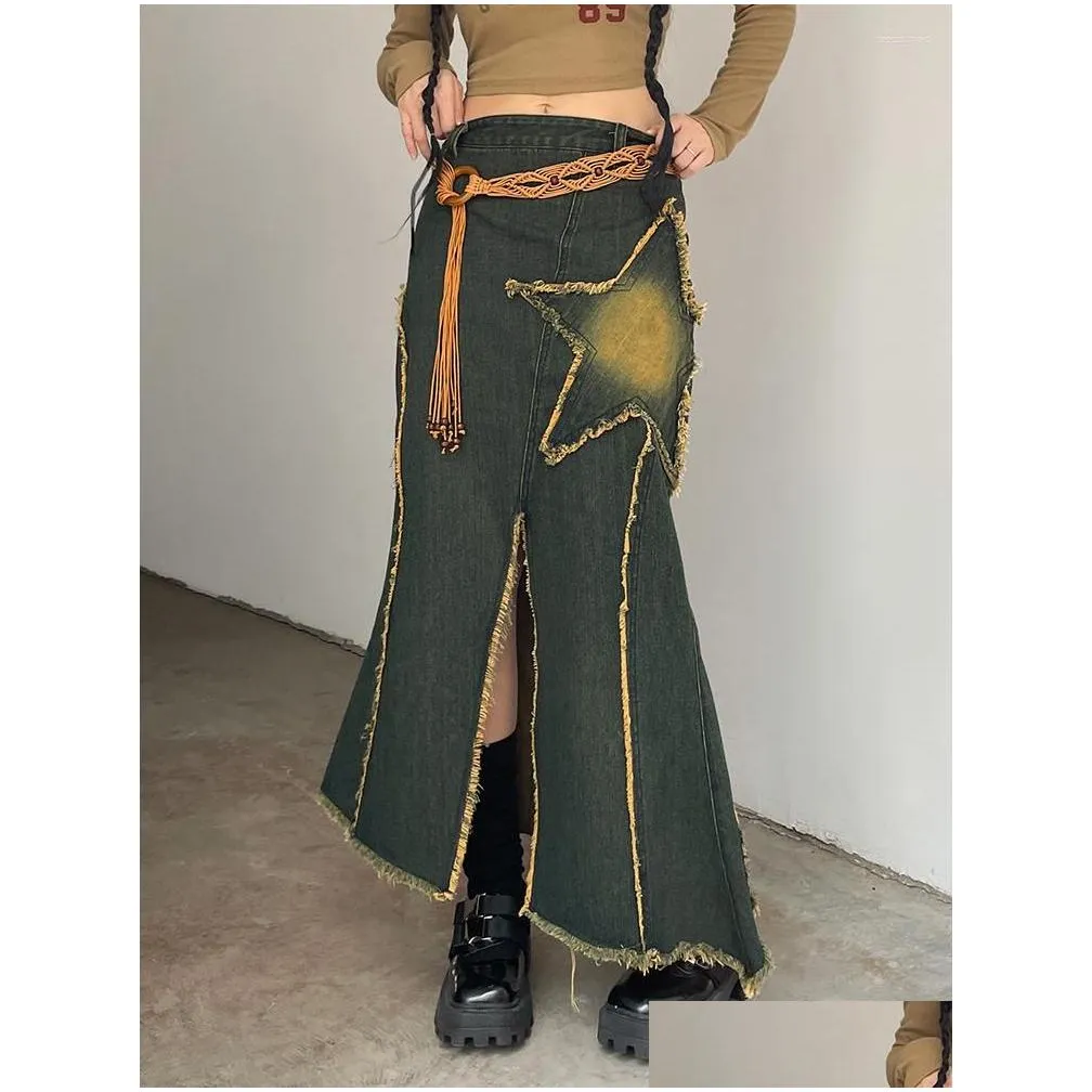 Skirts Vintage Y2k Jeans Skirt Women 2024 Fashion Star Patch Denim Long Korean Street Clothes Harajuku Fall Outfits