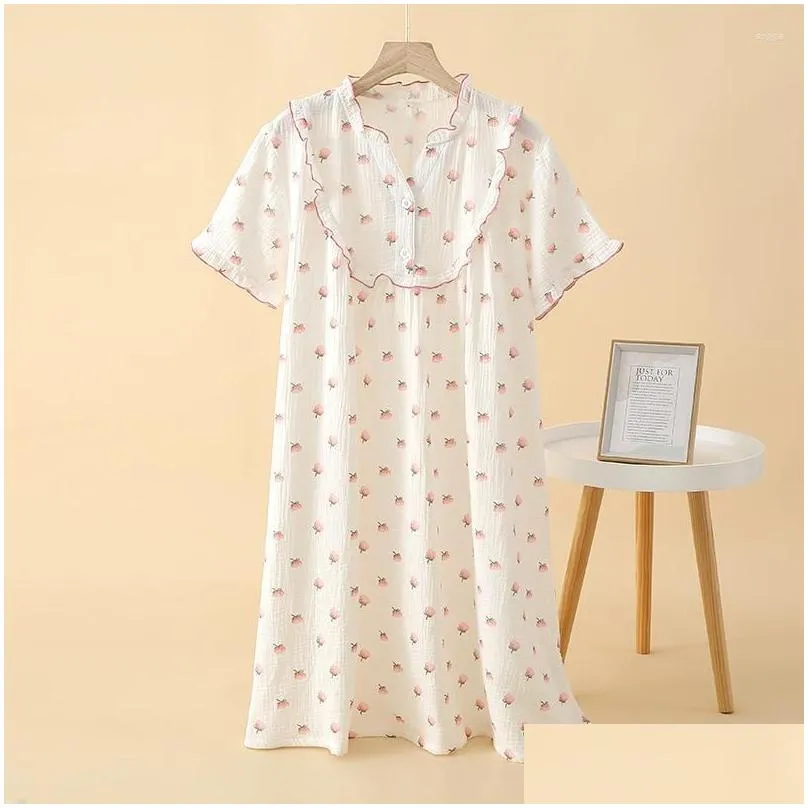 Women`s Sleepwear Summer Ladies Nightdress Cotton Crepe Skirt Thin Short Sleeve Japanese Sweet Cute V Neck Lace Home Women