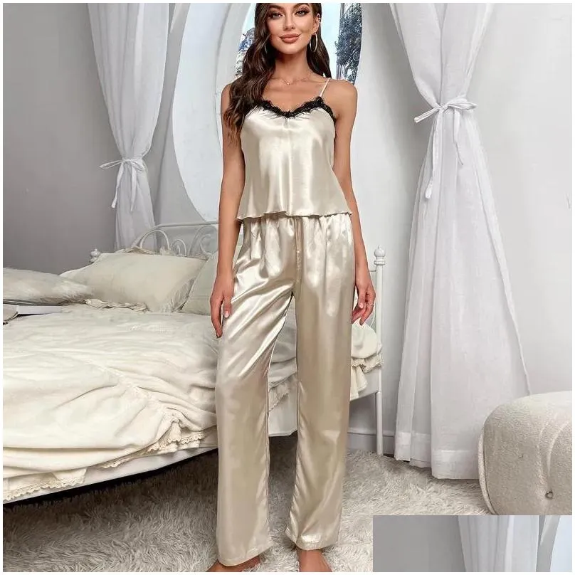Women`s Sleepwear Silk Pajamas Lace Trim Vest Pants Homewear Suit Fashion Summer Sling Comfortable Backless Two-Piece Set