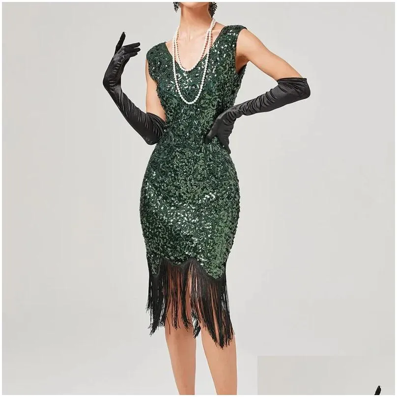 Stage Wear 1920s Vintage Great Gatsby Party Dress Women Sexy V-Neck Sleeveless Beaded Sequin Tassel Tango Dance Flapper Midi