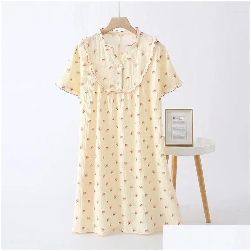 Women`s Sleepwear Summer Ladies Nightdress Cotton Crepe Skirt Thin Short Sleeve Japanese Sweet Cute V Neck Lace Home Women