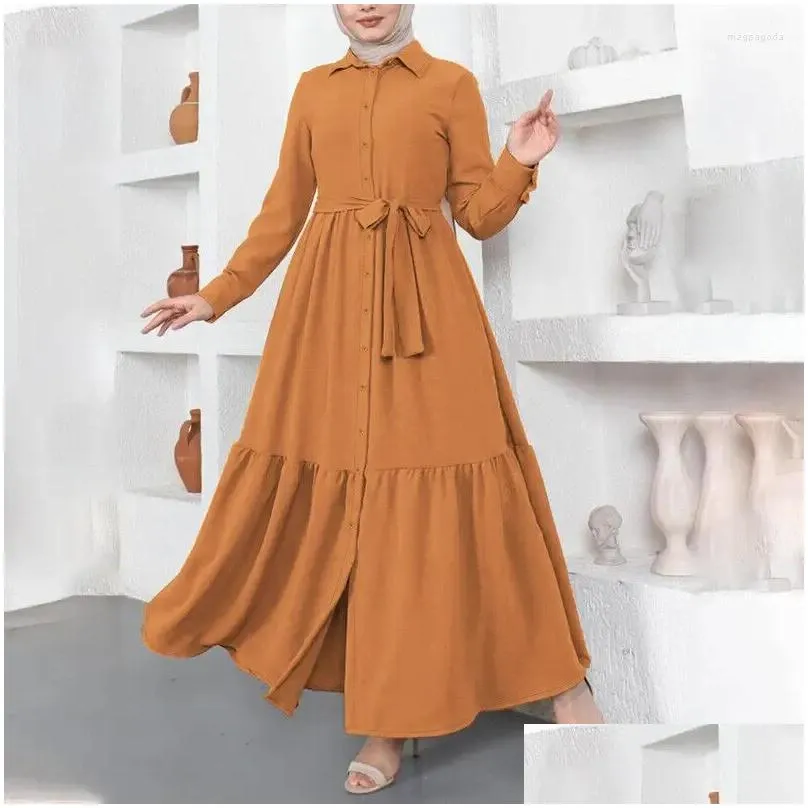 Ethnic Clothing Elegant Women Muslim Islamic Long Sleeve Abaya Kaftan Ruffled Dress Arab Robe Modest Vestidos Spring Clothes